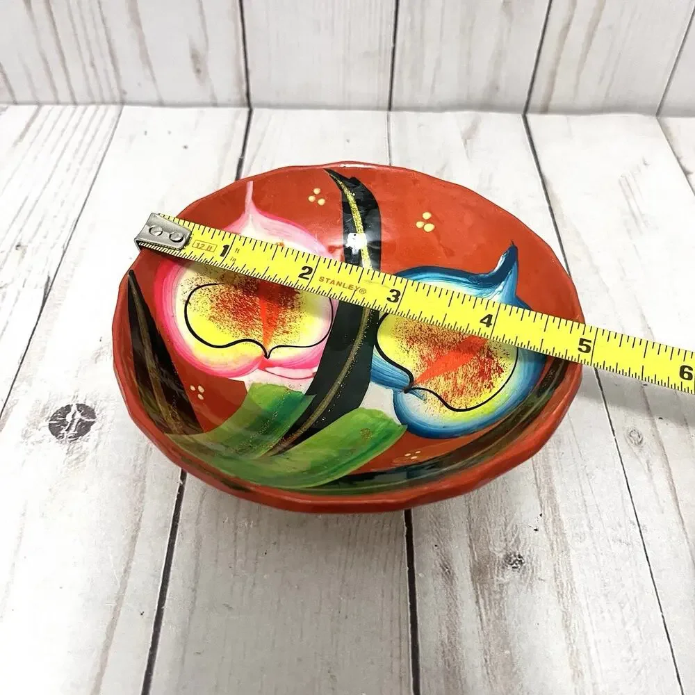 Vintage Mexican Pottery UV Reactive Hand Painted Calla Lily Bowl MCM Kitsch